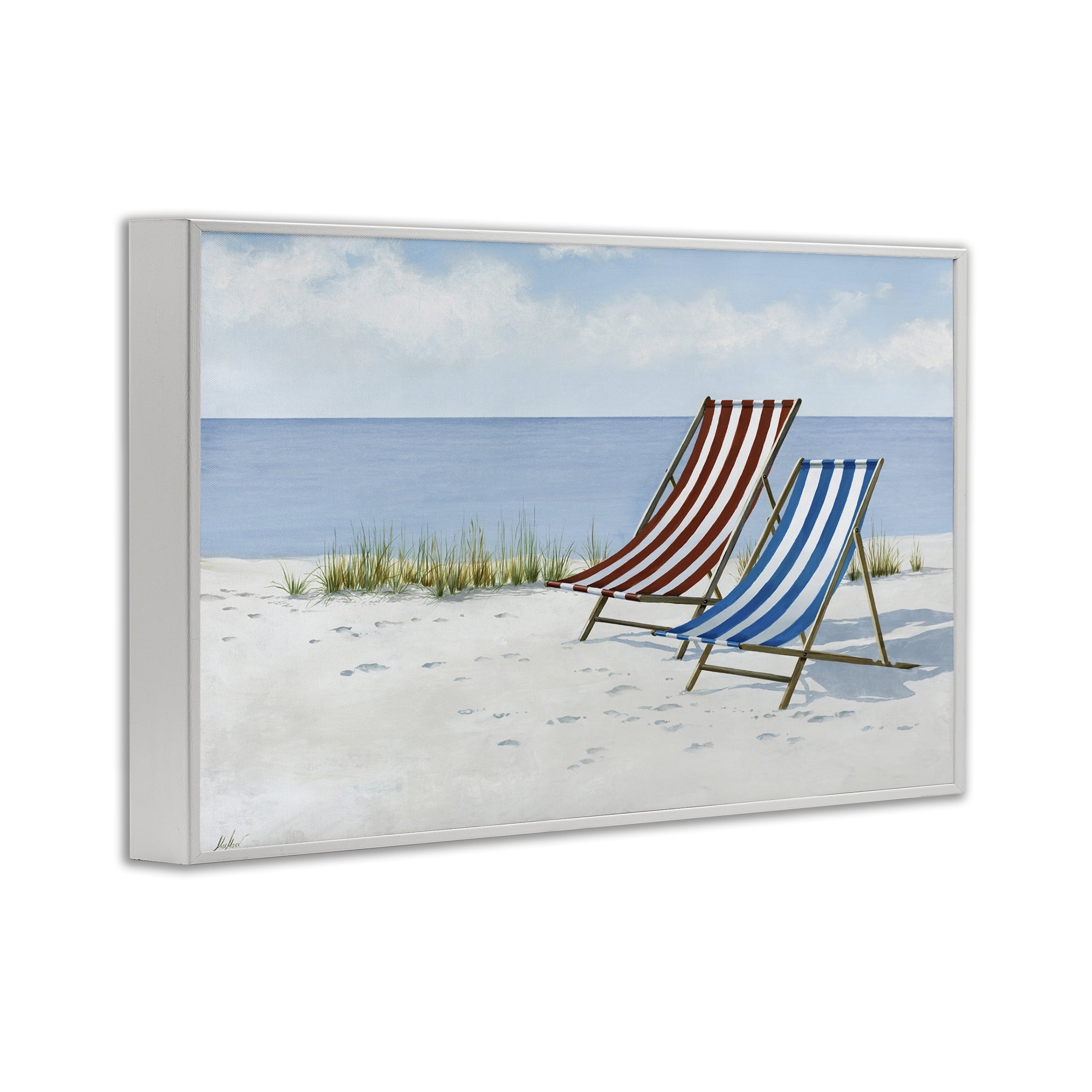 Stupell Industries Serene Beach Chairs Landscape Painting White Framed Art Print Wall Art, 24 x 16