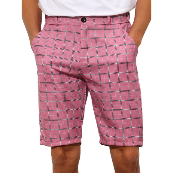 Unique Bargains Men's Plaid Shorts Straight Fit Comfort Flat Front Checked Shorts 28 Pink