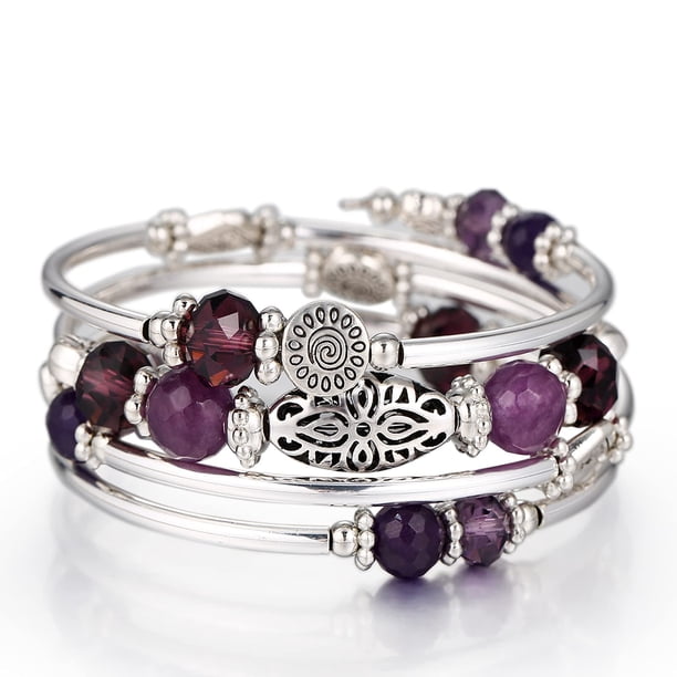 Fulu Autumn Pulseras Apilables Con Cuentas Para Mujer Boho Wrap Pulsera De Plata En Capas Joyería De Moda Regalos Para Ella (Púrpura)