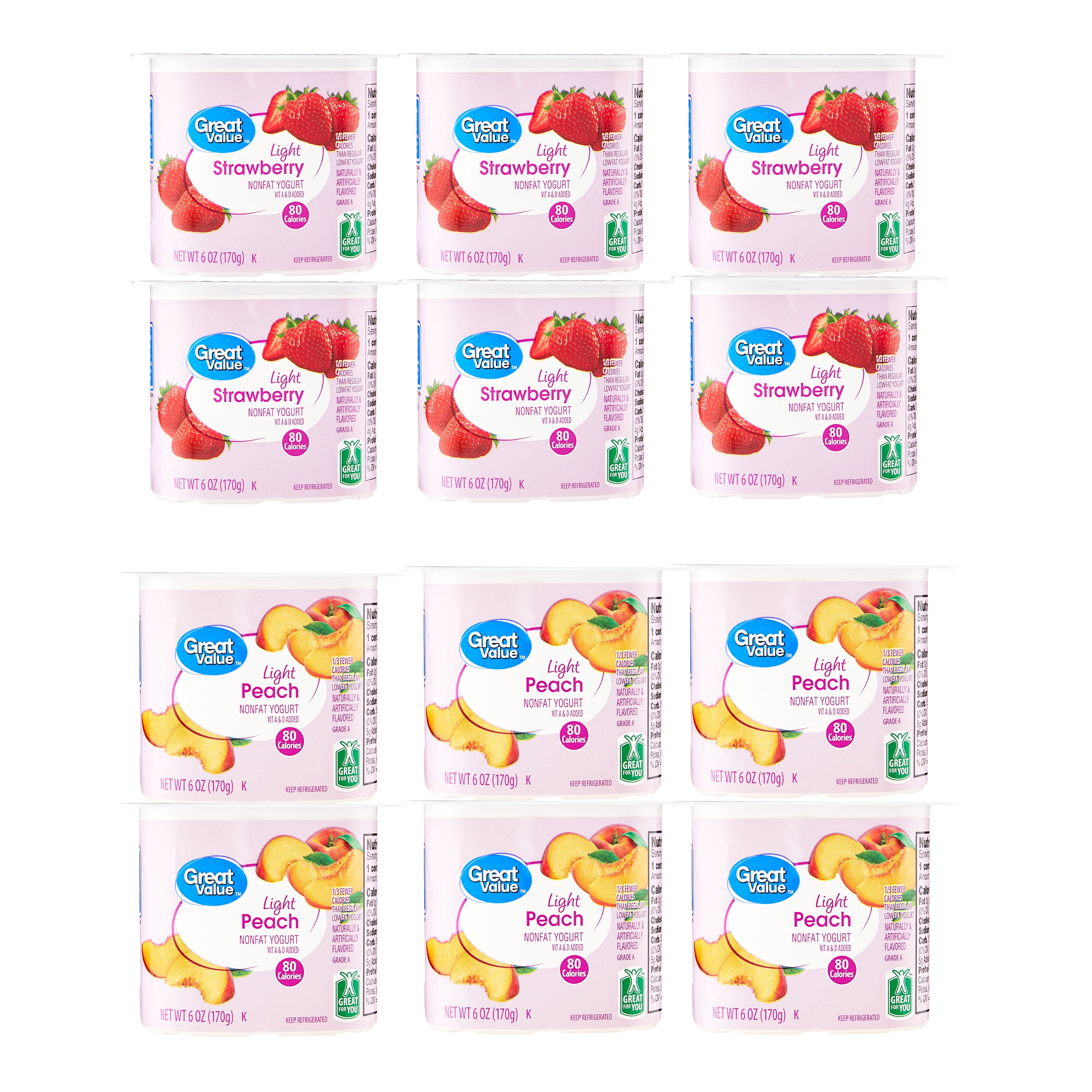 Great Value Light Strawberry and Peach Nonfat Yogurt, 6 oz Cups, 12 Count