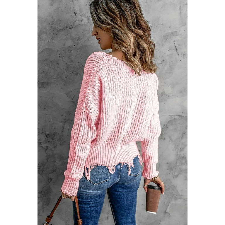 Drop shoulder colorblock distressed hem sweater sale