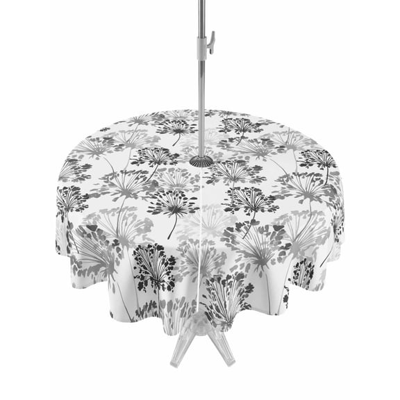 Outdoor Tablecloth with Umbrella Hole for Patio/Picnic/Party/Camping, Spring Floral Waterproof Table Cloth Round Cover Washable, Grey Dandelion Plants Pastoral Flower Botanical (Dia 54")