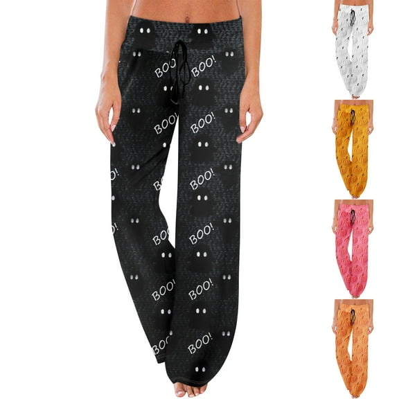 Tplvbz Halloween Pajama Pants Women - Spooky Print Lounge Pants for Women, Soft Pj Pants Comfy Elastic Waist Sleepwear, Womens Halloween Pj Pants, Cozy Pajama Pants for Fall & Holiday Saffron XXL