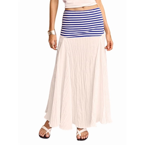 Women'S Contrasting Striped Pleated Flowing Maxi Skirt High Waist Maxi Skirt White L
