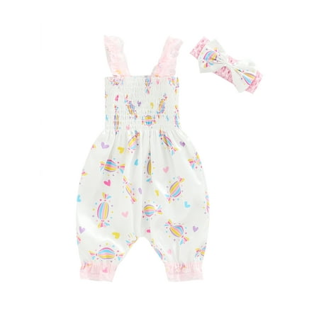 

Bagilaanoe Infant Girl Floral Sleeveless Suspender Jumpsuit with Headband Baby Girls Lace Splicing Ruffled Bodysuit