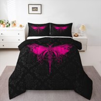 Homewish Gothic Pink Dragonfly 2pcs Bedding Comforter Set for Teens Female Men,Bohemian Damask Twin Comforter Sets,Traditional Floral Flower Breathable Bedding Set,Super Cozy Room Decor,Reversible