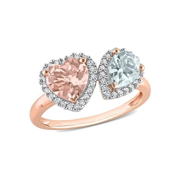 1.75 Carat (Ctw) Morganite and Aquamarine Heart Ring in 10K Rose Gold with Diamonds for Women