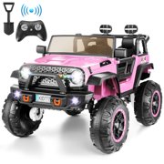 Funcid 24 Volt Ride on Toys, 2-Seater Ride on Truck Car with Remote Control, 2WD/4WD Switchable Electric Car for Kids, Ride on Cars W/ Bluetooth, Colored LED Lights, Shovel, Spring Suspension, Pink