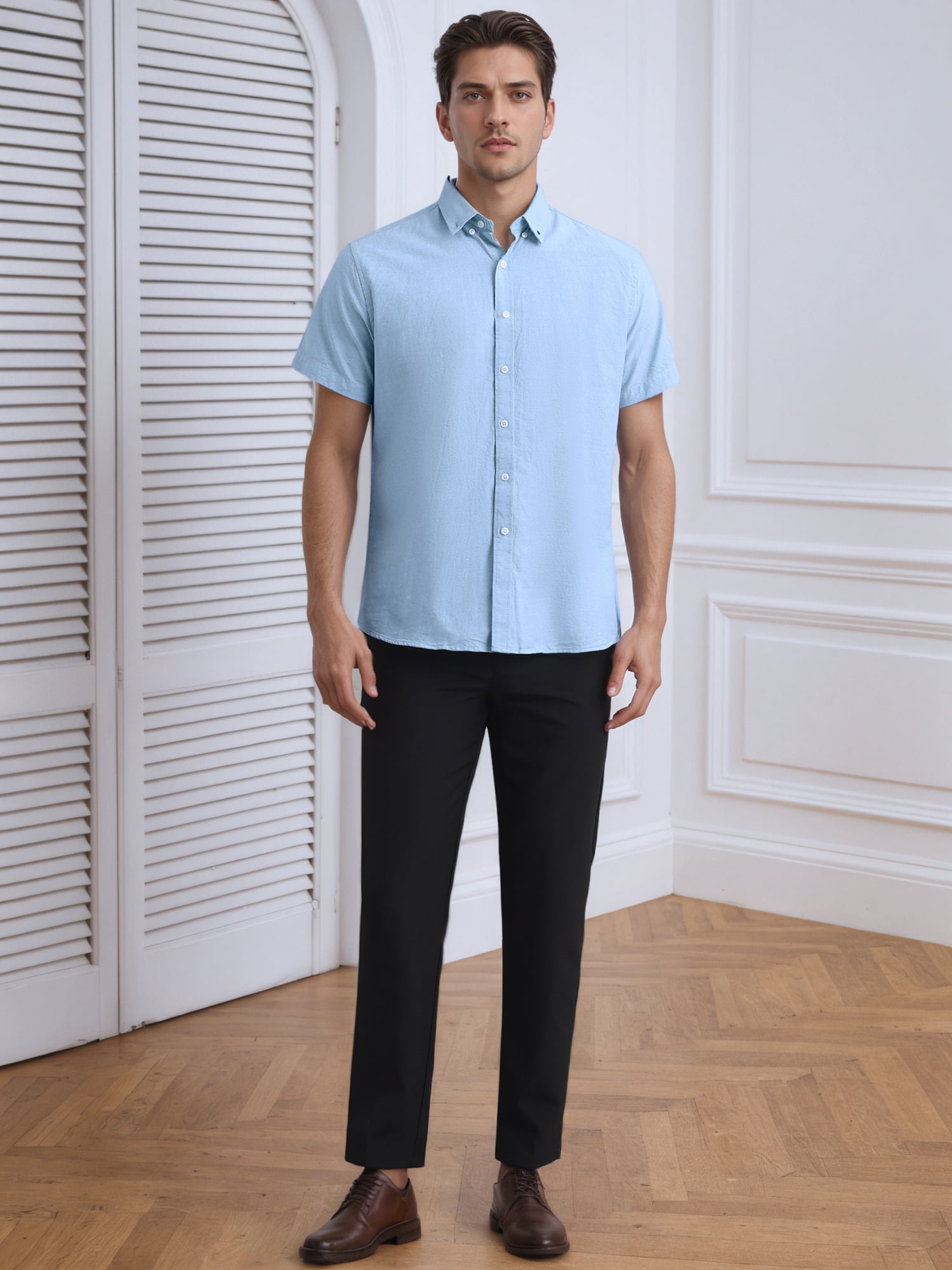 Unique Bargains Men's Short Sleeve Cotton Regular Fit Button Down Formal Shirt XL Blue