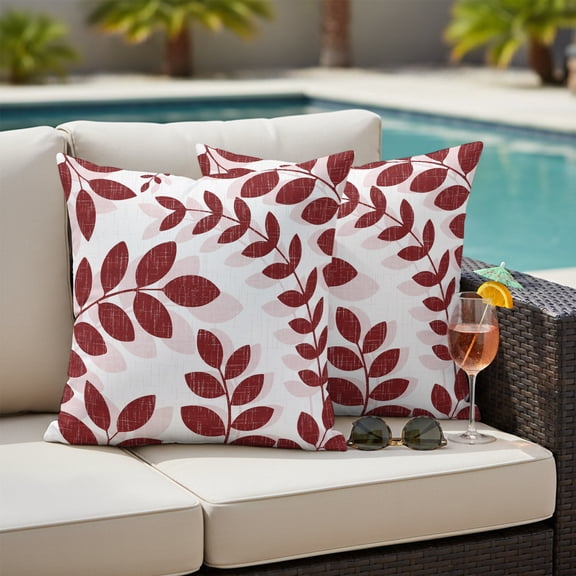 Burgundy Leaves Outdoor Pillow Covers 24x24 Inch Throw Pillow Covers Set of 2 Waterproof Decorative Pillow Cases Summer Farmhouse Botanical Leaf Branch Cushion Covers for Patio Furniture Garden Couch