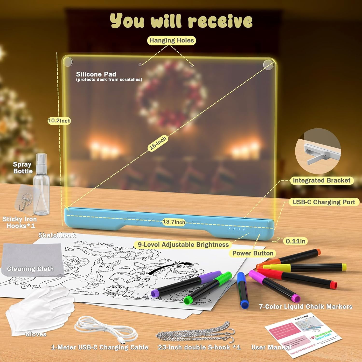 16-inch Rechargeable Doodle Glow LED Note Board, 4 Modes with 7 Colors Neon Art Dry Erase Light Up Led Drawing Board with Built-in Stand, Hanging Chain, Drawing Pad for Kids, Girls, Teens (Blue)