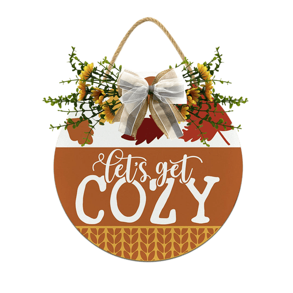 Let's Get Cozy Front Door Sign Funny Wreaths Hanging Wooden Plaque Decoration Round Rustic Wood Farmhouse Porch Decor for Home Front Door Decor, 12 x 12 Inch