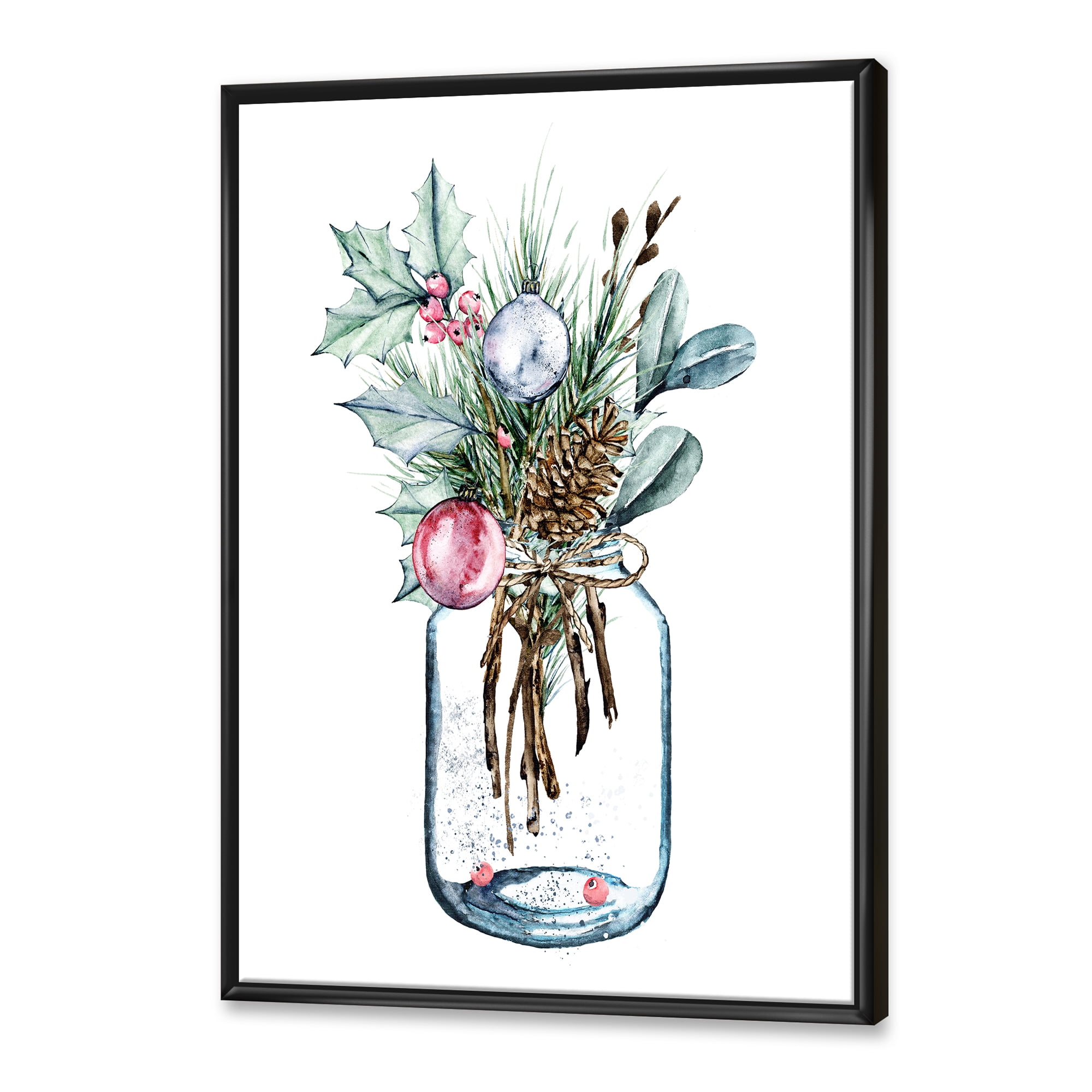 Merry Christmas Bouquet In Transparent Jar 12 in x 20 in Framed Painting Canvas Art Print, by Designart