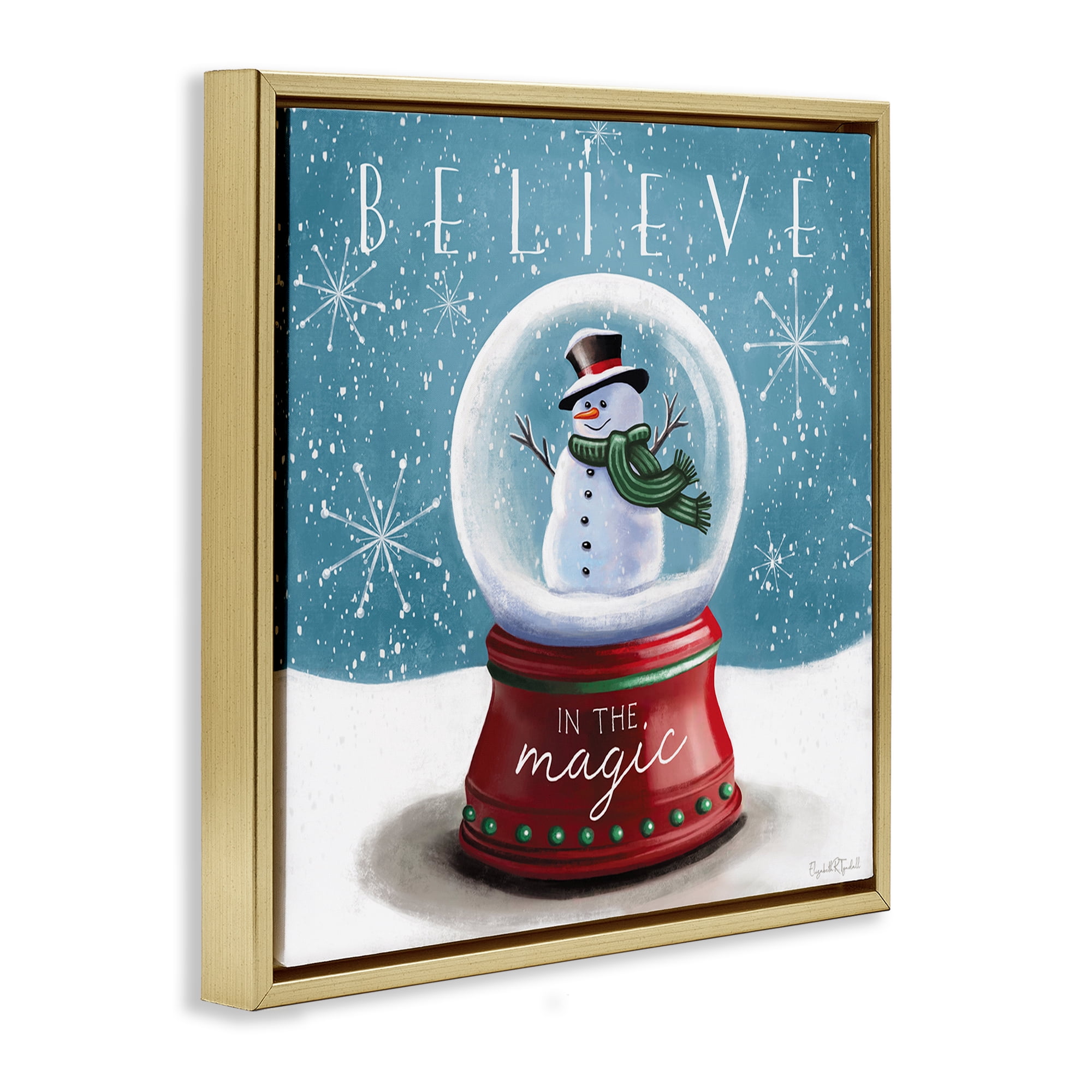 Stupell Industries Believe In Magic Snowglobe Holiday Painting Gold Floater Framed Canvas Art Prints Wall Art, 18 x 18