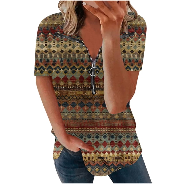Blusa con estampado de manga corta y cuello vuelto informal y cómoda a la moda para mujer OAVQHLG3B Store lin121212