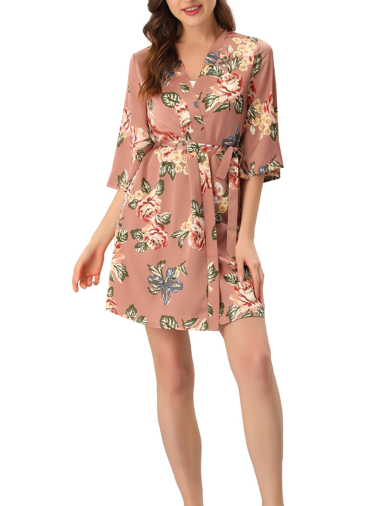Unique Bargains Women's Satin Bathrobe 3/4 Sleeves Tie Waist Floral