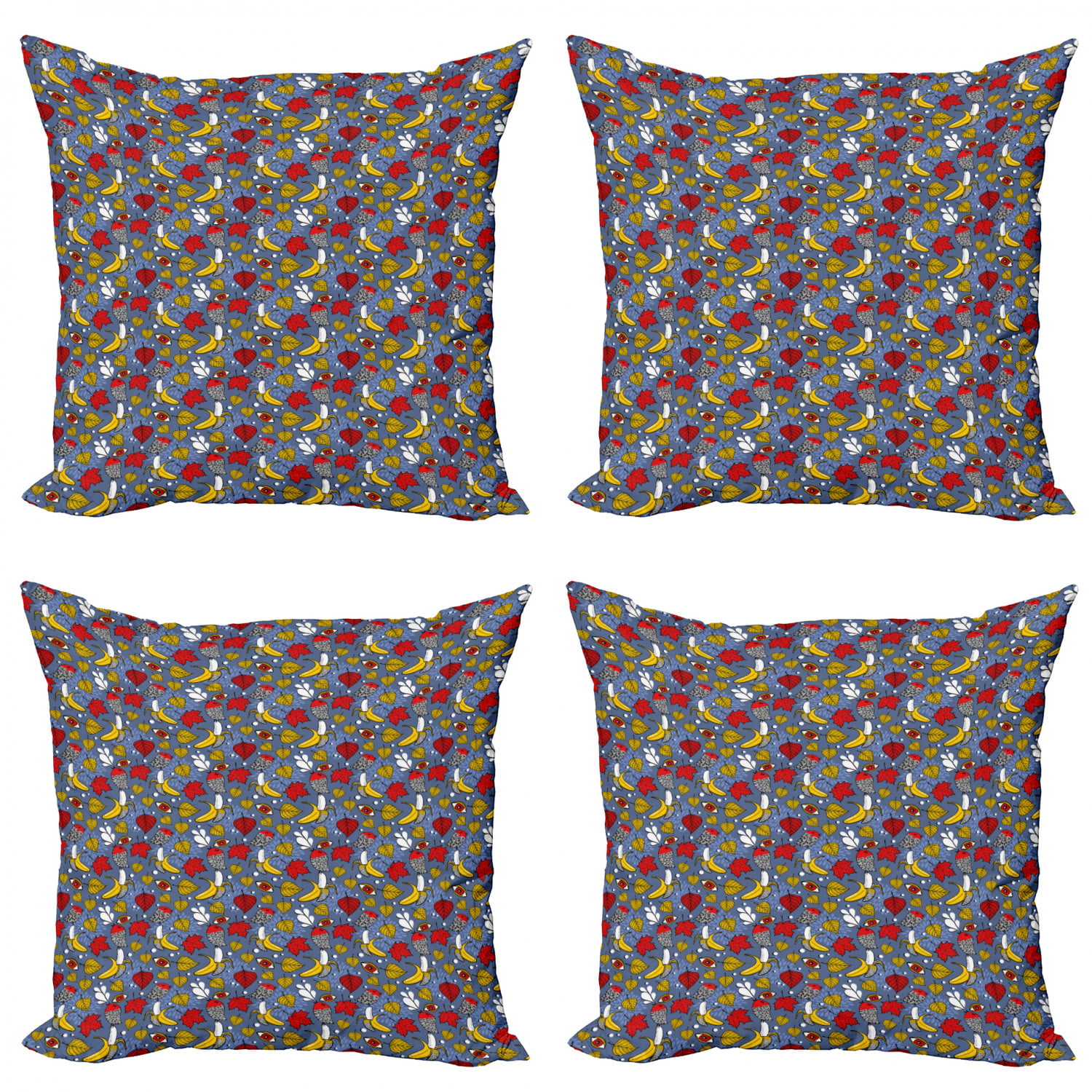 Abstract Throw Pillow Cushion Case Pack of 4, Pattern with Leaf Banana Eye  and Avian, Modern Accent Double-Sided Print, 4 Sizes, Multicolor, by 