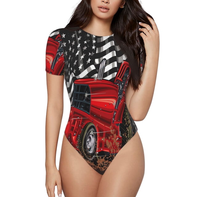 Balery tractor Body de cuello redondo de manga corta para mujer Tops de manga corta Tops básicos-Large