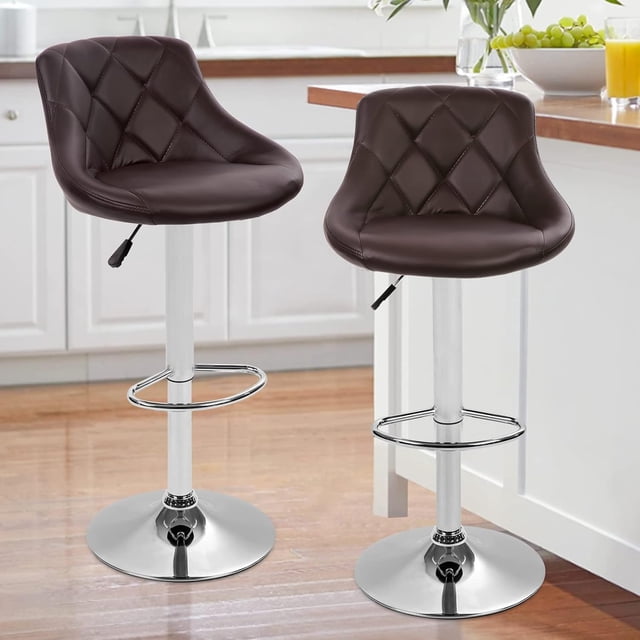 Modern Bar Stools Set of 2 Counter Height Adjustable Bar Chairs with Back and Chrome Base PU Leather Barstools Island Chairs for Kitchen Living Room Pub Swivel Bar Stools (Brown)