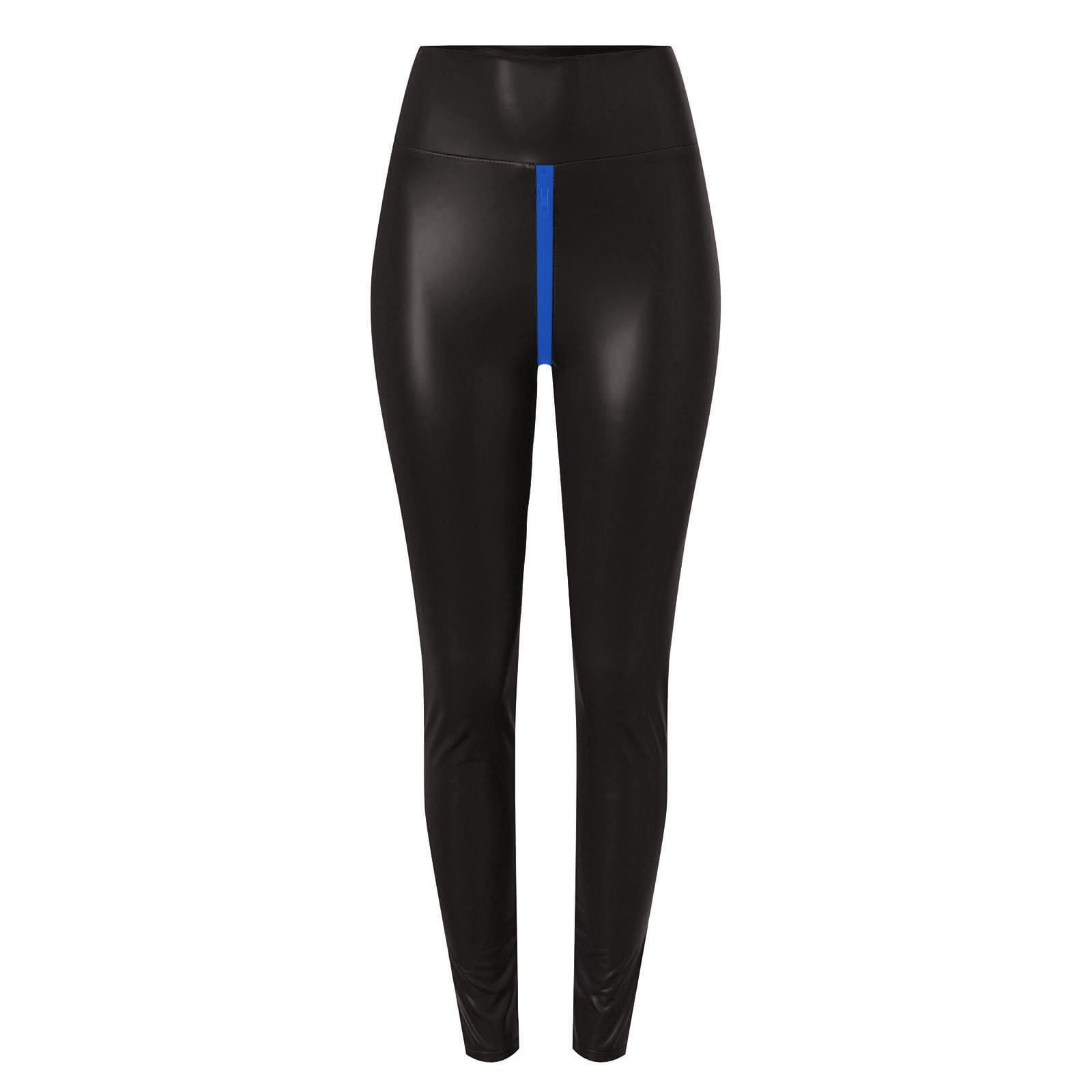 QIJUNTUO ​Women's Faux Leather Yoga Pants With High Waist Tummy Control Slim Fit Workout Trousers For Performance Training​ Blue