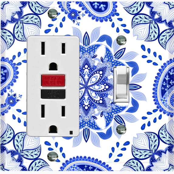 Metal Light Switch Plate Cover Mandala Blue White Snowflake Tile Pattern MDL088
