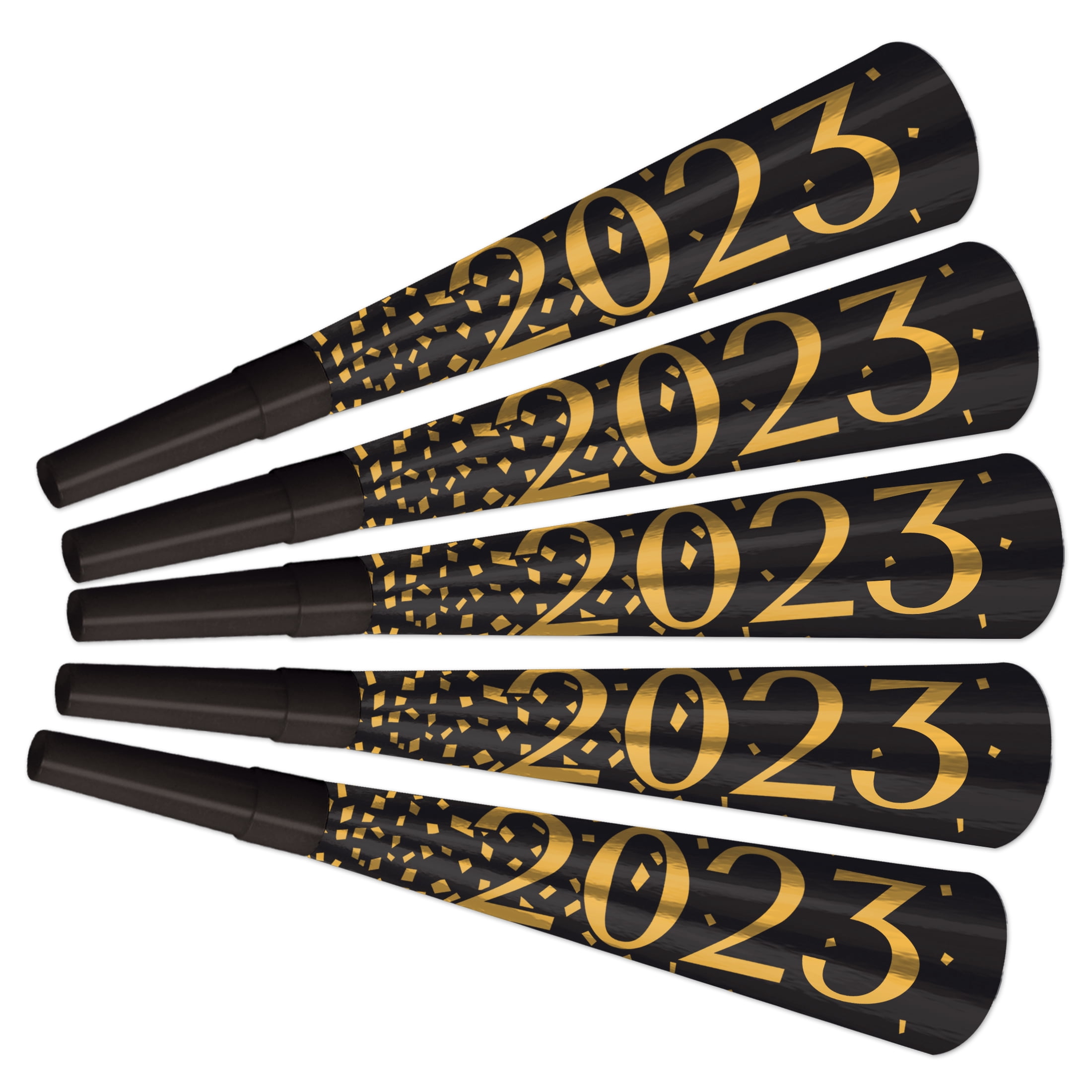 Beistle New Year's Eve "2023" Black And Gold Foil Horns Party Noisemakers, 5/Pkg