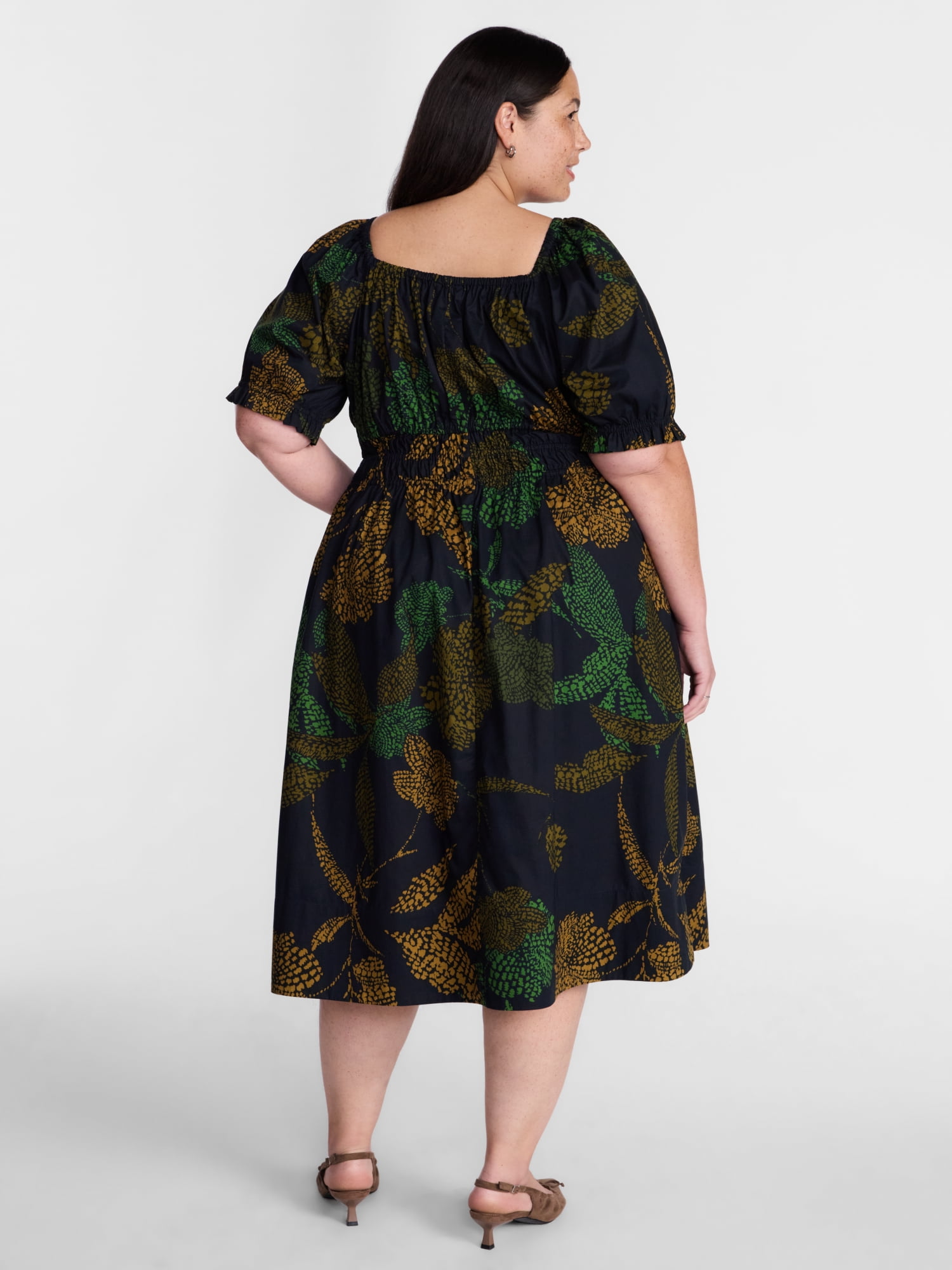 Terra & Sky Women's Plus Smocked Cotton Midi Dress with Short Puff Sleeves, Sizes- 0X-5X