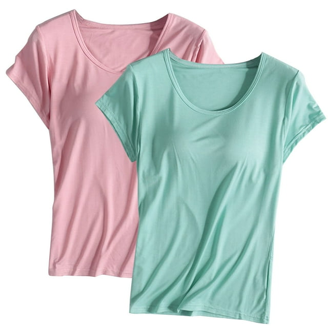 T-Shirt à Manches Courtes pour Femmes Soldes Chemises de Mélange 2 Pcs avec Soutien-Gorge Tunique Rembourrée Manches Courtes Col Rond Confortable Athlétique