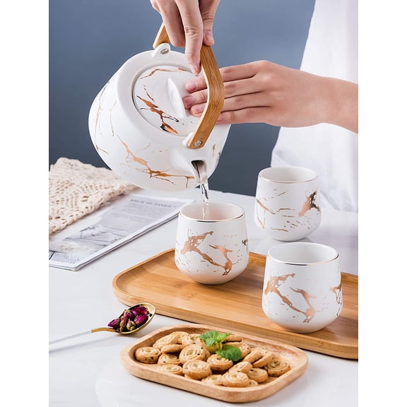 Marble Porcelain Teapot Set, Modern Japanese Tea Pot with Infuser for Loose Tea (40 OZ), 4-Piece Tea Cups (6.7 OZ) with Bamboo Tray - Tea Cups Set for Home and Restaurant, FDJPT4 (White)