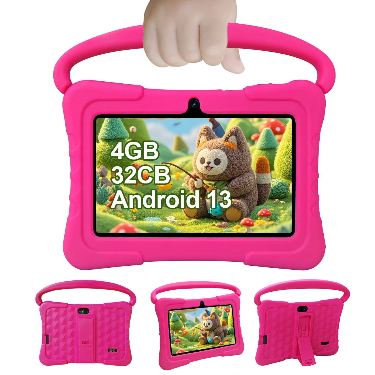 Tedupee Kids Tablet, Android 13 Kids Tablet, Quad Core Processor, 4GB(2G+2G)RAM+32GB ROM Storage, 1024 x 600 Touch Screen, WiFi, Bluetooth（Pink）