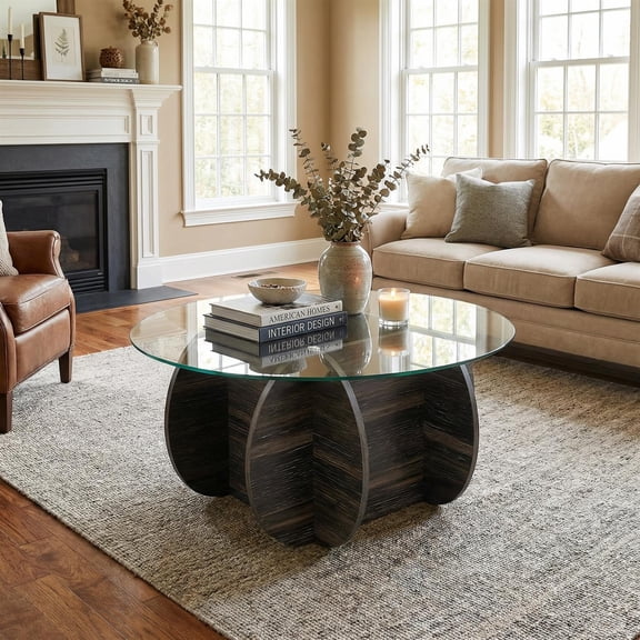 Demi Bonn 35" Round Coffee Table, Tempered Glass Top Solid Wood Base with Storage, Black