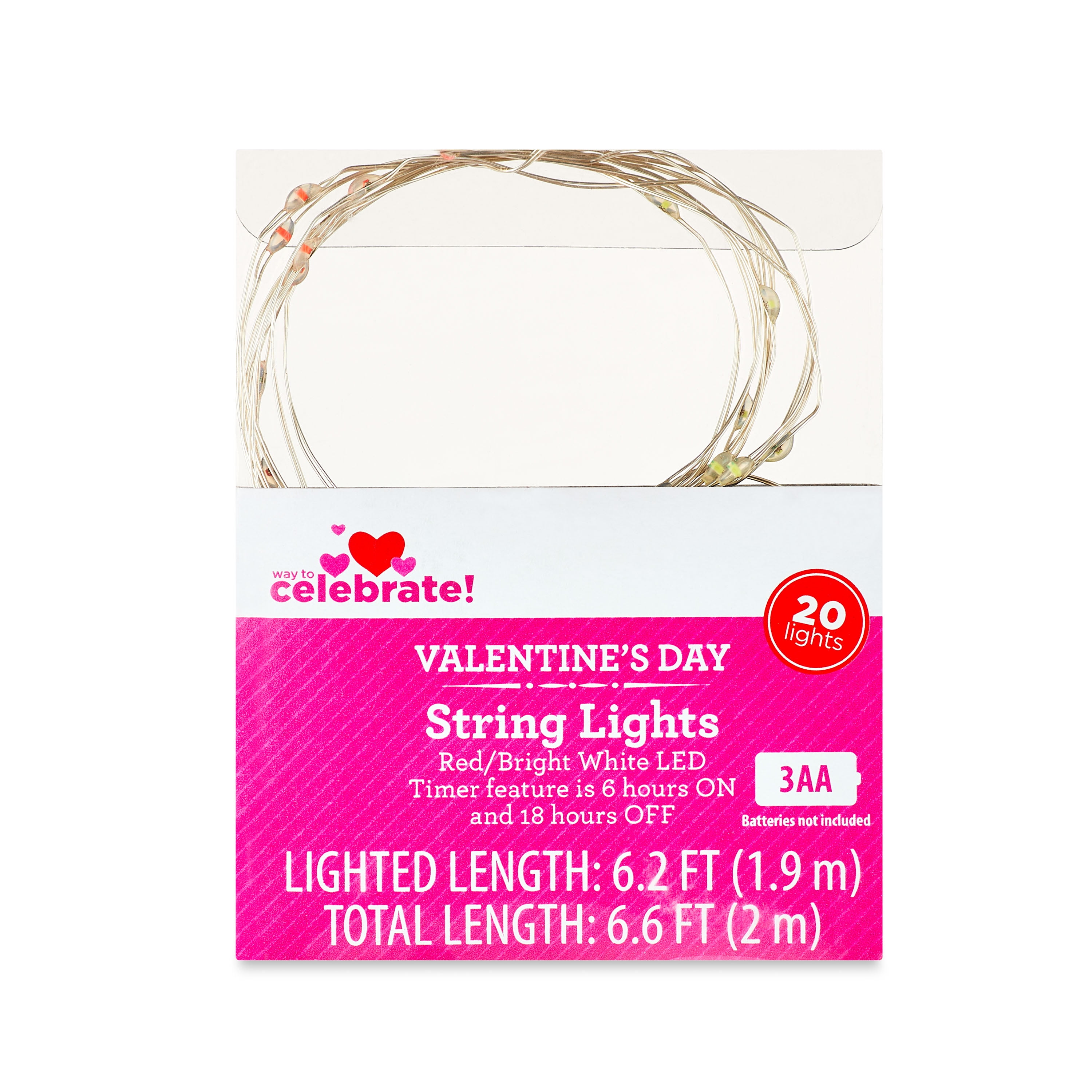 WAY TO CELEBRATE! Way To Celebrate Valentine’s Day Red & Bright White LED String Lights, 6.6'