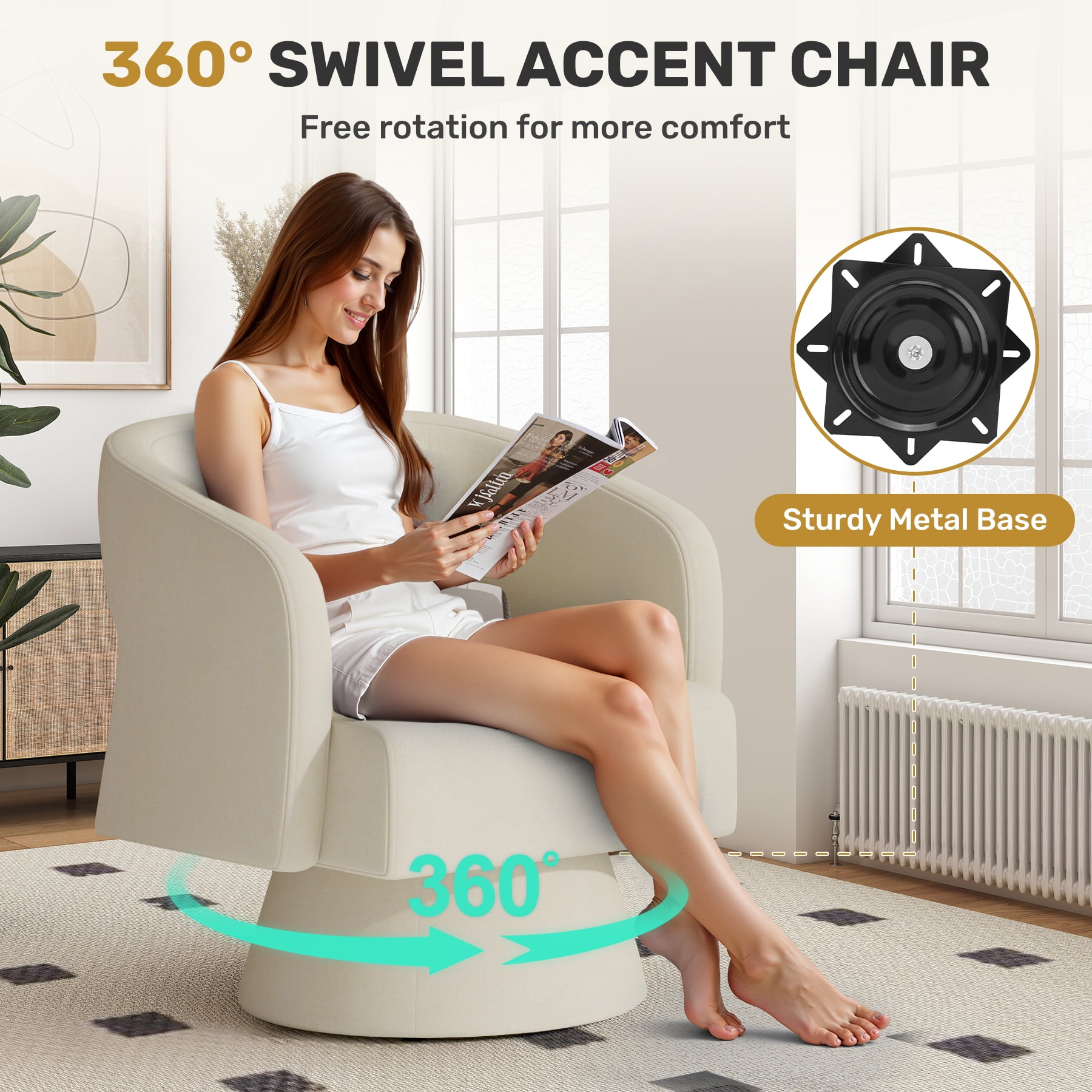 MOONMISS Oversized Chenille Swivel Barrel Accent Chair,Modern Comfy Round Arm Upholstered Armchair for Living Room,Beige