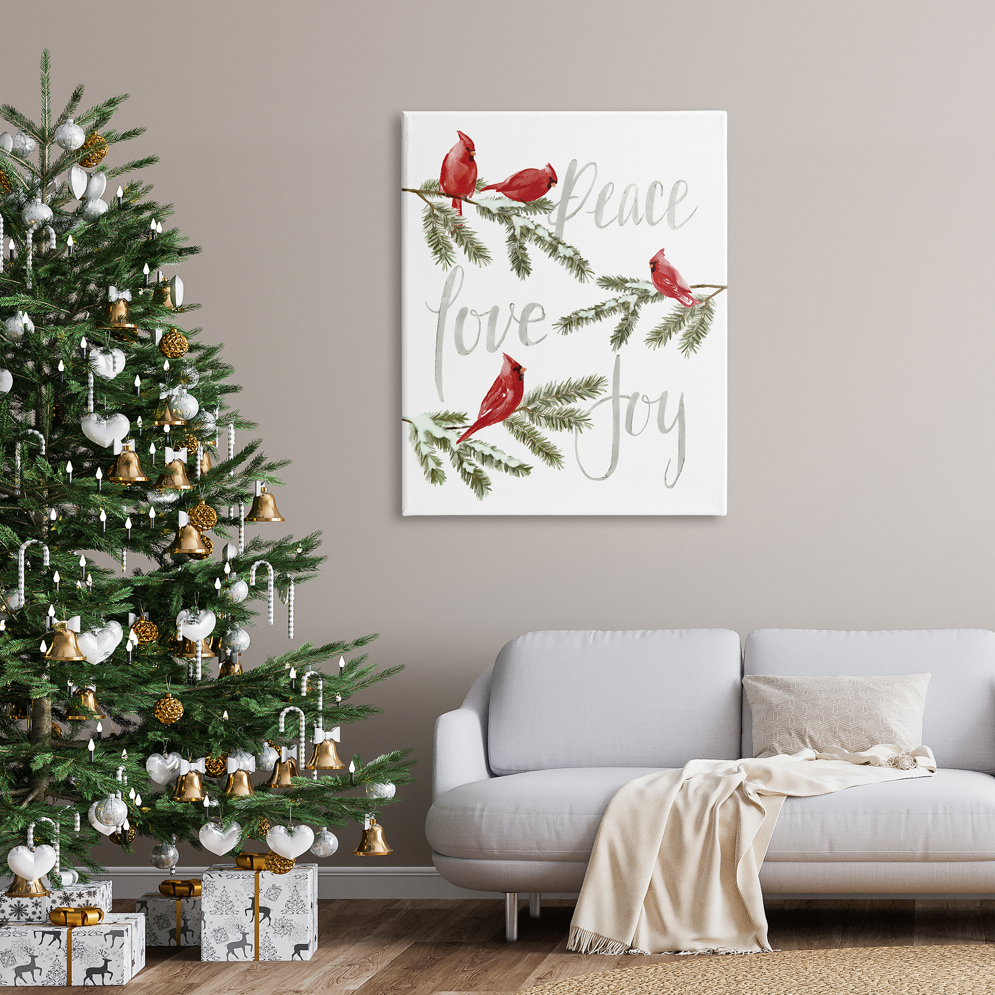 Stupell Industries Peace Love Joy Cardinals Holiday Painting Gallery Wrapped Canvas Print Wall Art, 36 x 48