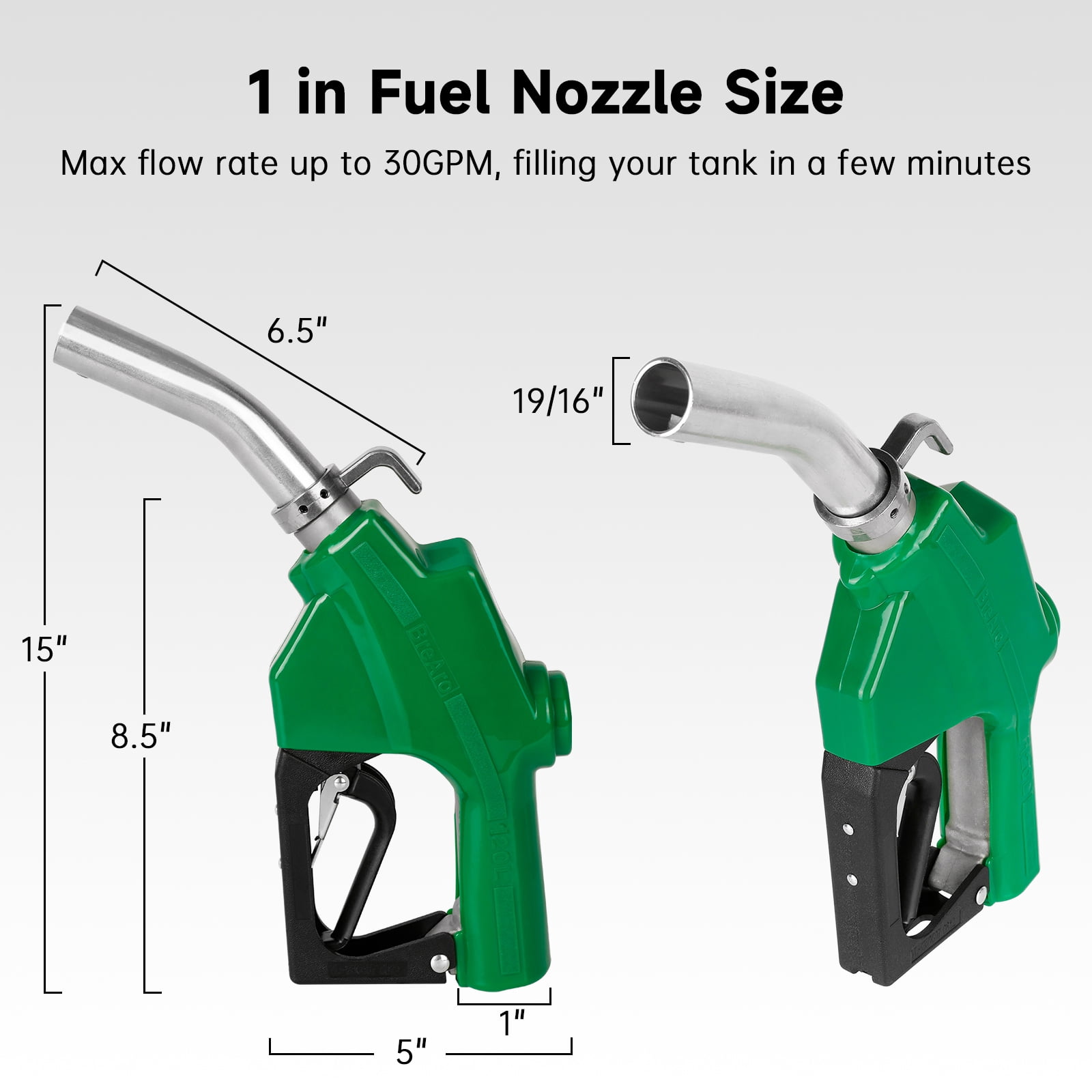 1" NPT Automatic Fuel Nozzle with Hook, Gas Nozzle Diesel Pump Handle Max Flow Rate 30GPM, 3-speed Padlock, Auto Shut Off, 19/16" (OD=30mm) Spout for Gasoline, Diesel, Kerosene Biodiesel, Green