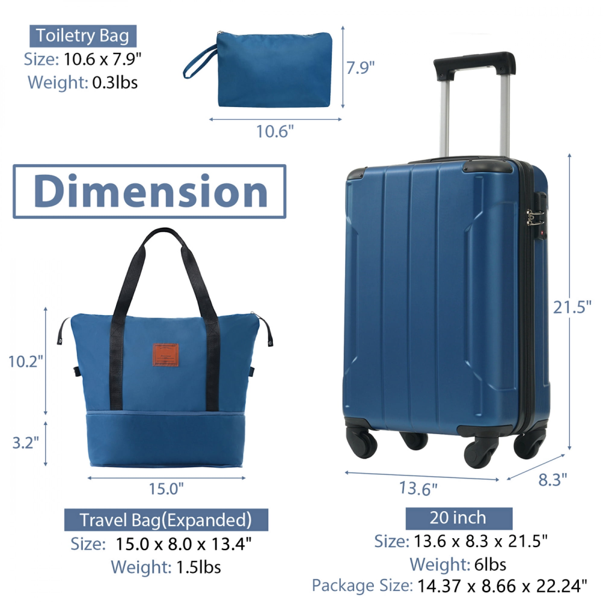 20 Inch 3-Piece Carry On Luggage Set - Lightweight ABS Hardshell Suitcase with Spinner Wheels for Business Travel & Weekend Getaways,Blue