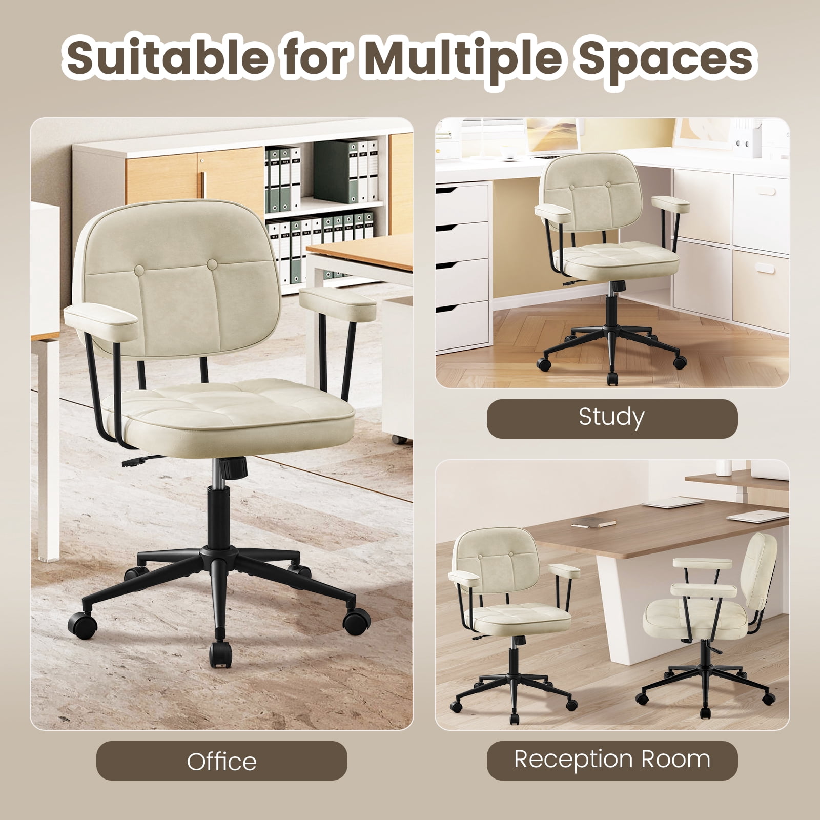 Falvinoryn Modern Home Office Desk Chair, Ergonomic Computer Task Chair with Padded Armrests, 360° Swivel Adjustable Height Rolling Chair, Rocking Function.Beige