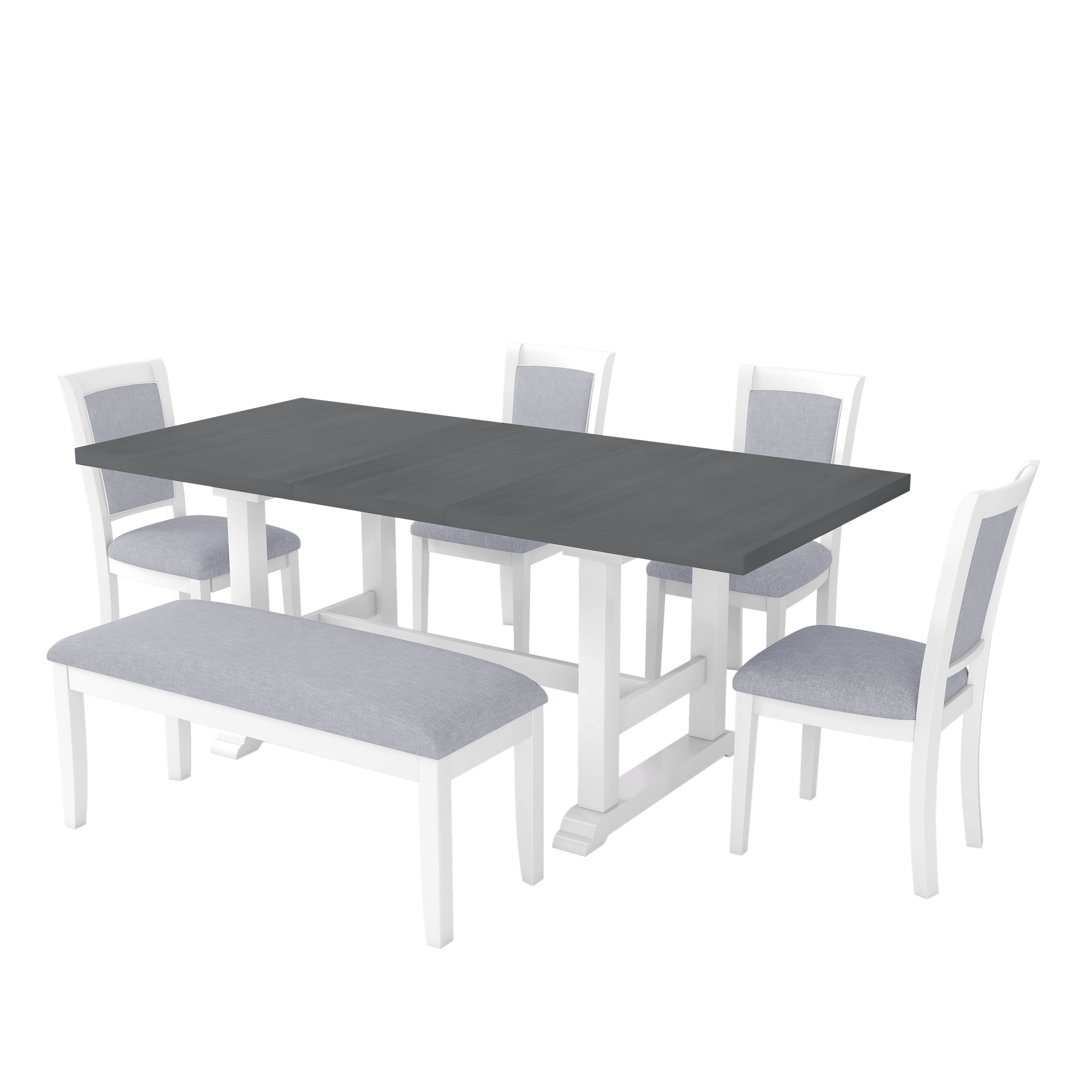 6-Piece Dining Table Set for 6, 76.9" Extendable Dining Table with Removable Leaf, 4 Chair and Bench