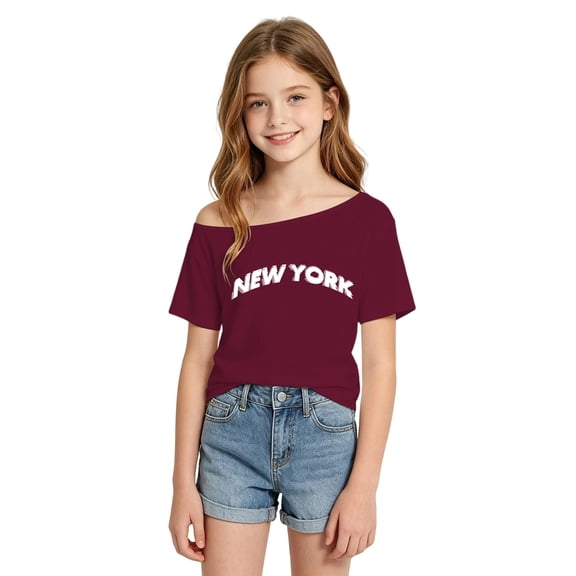 RTKFRFLM Girls New York Graphic Tee Kids Off Shoulder Short Sleeve Letter Print Summer Top Casual Fashion Clothes Outfits for Big Girls 7 8 9 10 11 12 Years Old