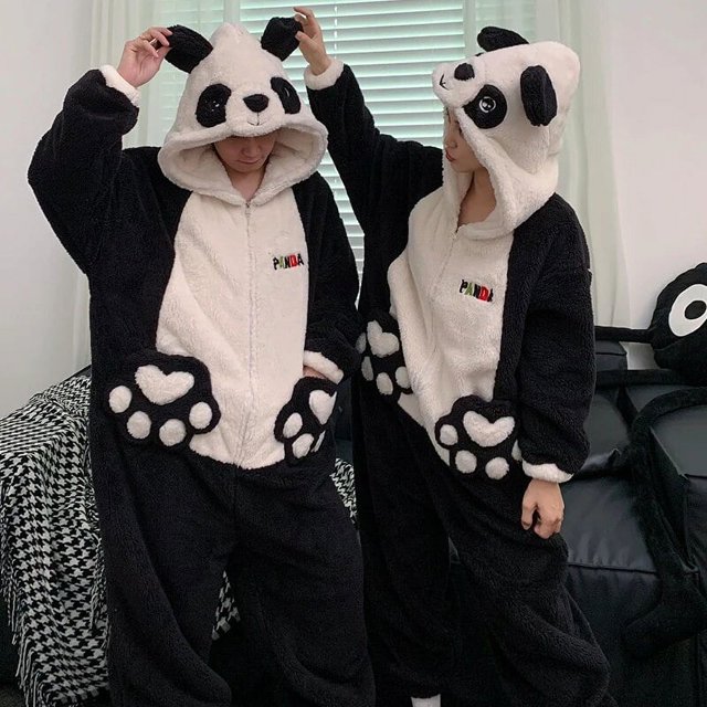 Kigurumis-Pijama de terciopelo Coral con capucha para hombre y mujer, ropa de dormir de una pieza con diseño de Panda, monos gruesos y cálidos para parejas, para amantes del invierno