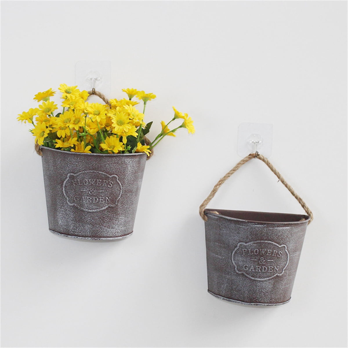 Trianu 2Pcs Galvanized Hanging Wall Planter, Rustic Metal Wall Flower Vase Hanging Plant Holder for Succulents Herbs Country Home Farmhouse Wall Decoration