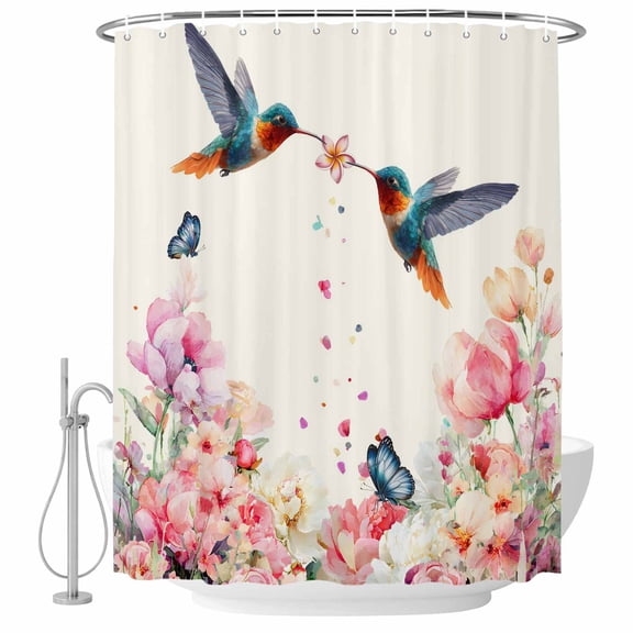Pink Flower Shower Curtain, Waterproof Shower Curtains for Bathroom, Spring Floral Butterflies Birds Elegant Farmhouse Washable Fabric Bathtub Curtain Set Bath Decor with 12 Hooks Stall 36"x72"