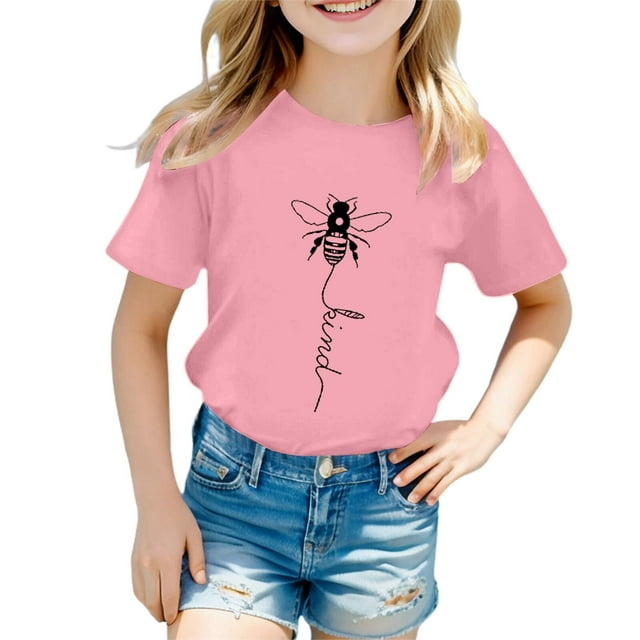 Hauts d'Été pour Filles en Bas Âge T-Shirts Mode Décontractée Imprimé Col Rond Manches Courtes T-Shirt Quotidien Printemps pour Enfants 10-11T