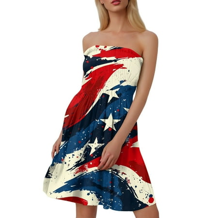 CHCNHAC Sundresses for Women 2025 Independence Day Patriotic Dresses American Flag Graphic Casual Flowy Swing Strapless Cocktail Party Dress Vermilion XL