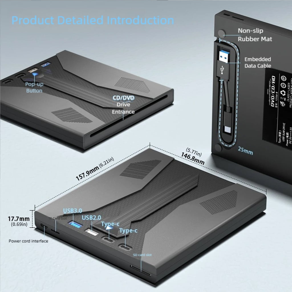 USB3.0 & Type C External Optical Drive, Slot Loading Design, 5Gbps High-Speed for Laptops Tablets PCs