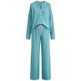 thumbnail image 5 of Women's Waffle Knit 2 Piece Tracksuit Outfit Henley Long Sleeve Top and Drawstring Wide Leg Pants Soft Comfy Loungewear Casual Travel Vacation Streetwear Set Blue, 5 of 5