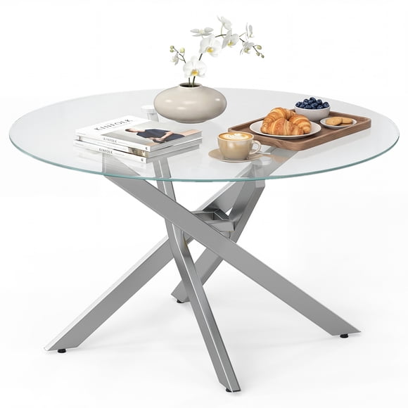 Costway 31.5” Glass Coffee Table with Tempered Glass Top & Geometric Sliver Metal Frame Transparent & Sliver
