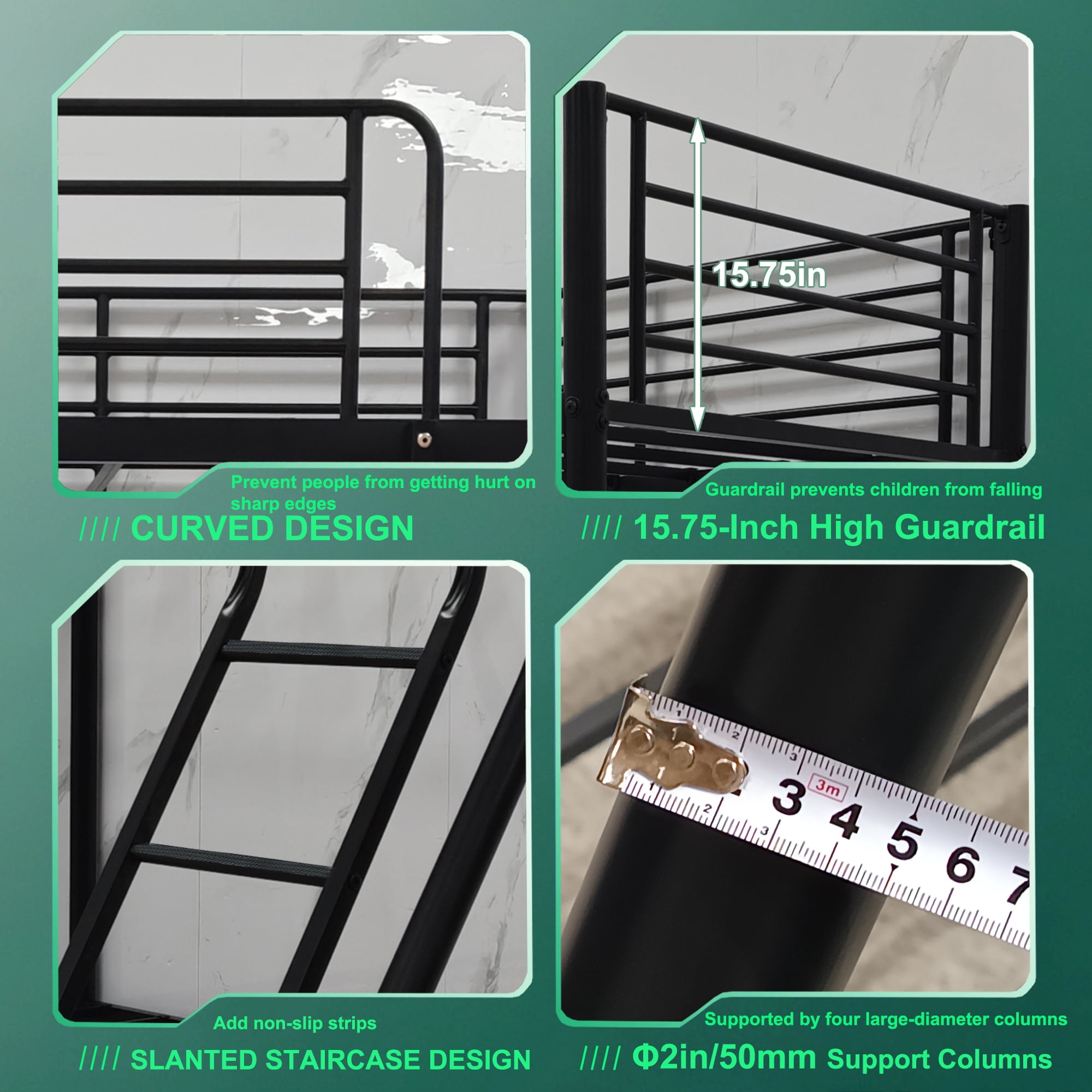 GARITIN Twin Over Full Size Metal Bunk Bed, Heavy Duty Bunk Bed Frame with Guardrail and Ladder for Adults Kids, Black
