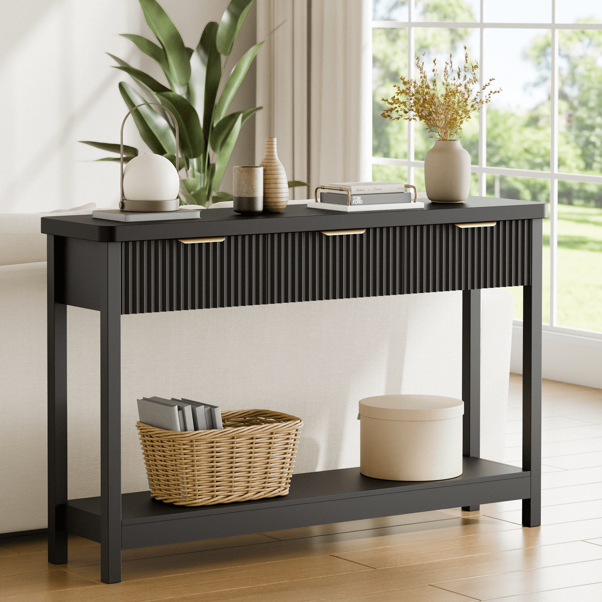 Laintene Console Table for Entryway, 51" Fluted Sofa Table with 3 Drawers and Open Shelf, Modern Narrow Display Shelf for Hallway Living Room, Black Set of 2