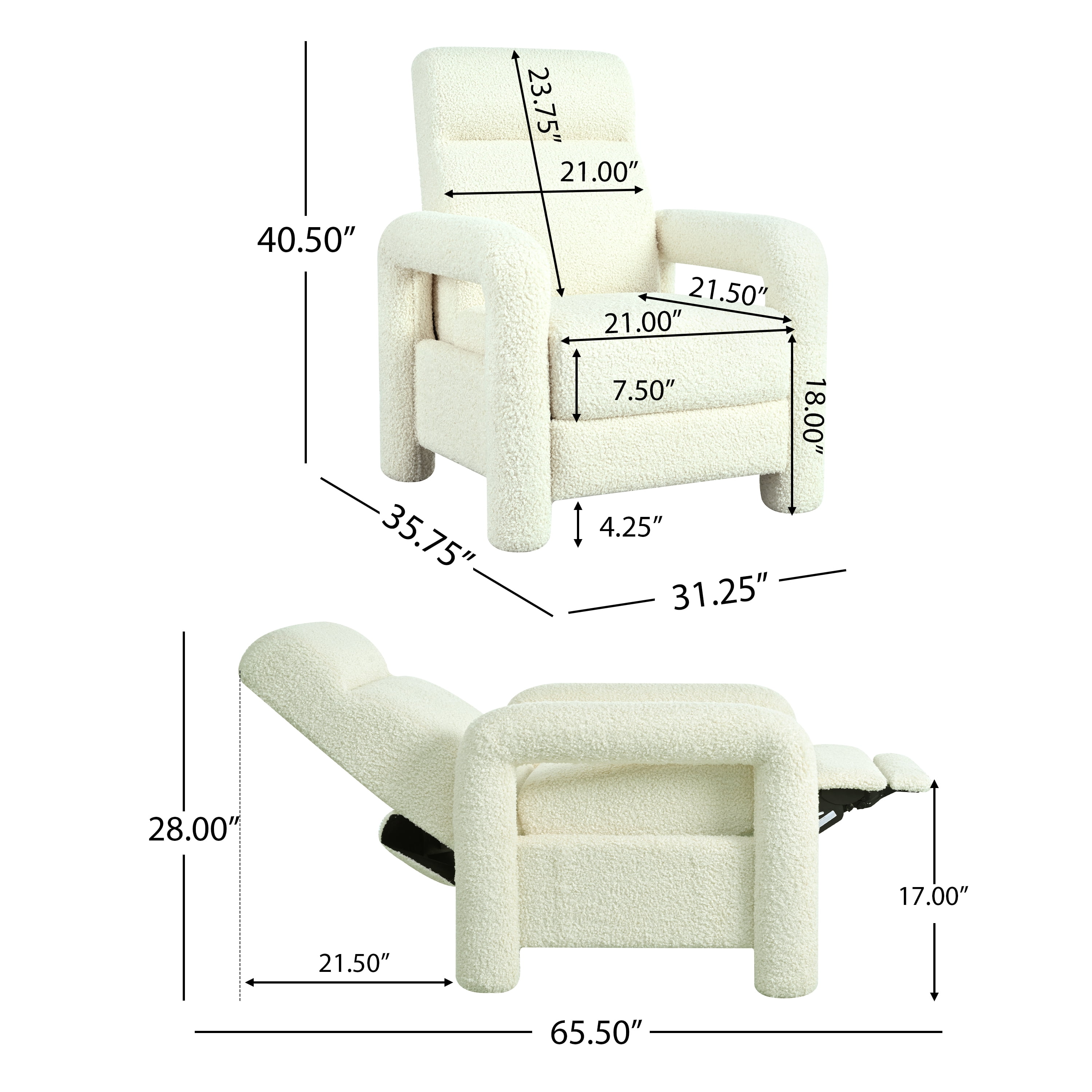 Euroco Teddy Fleece Push Back Recliner Chair, 3-Position Adjustable Armchair with Anti-Slip Legs & Ergonomic Design – Plush Accent Chair